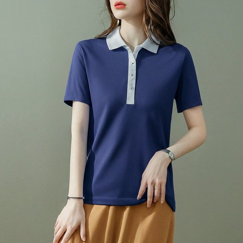 Mùa hè bông áo polo nữ màu sắc tùy chỉnh màu xanh trắng thêu bông