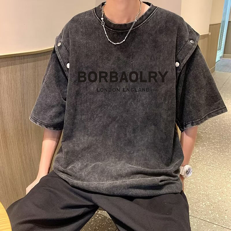 Áo thun nam tay ngắn có thể tháo rời phong cách vintage, cotton dày dáng rộng, giặt axit, áo thun xu hướng mùa hè thương hiệu