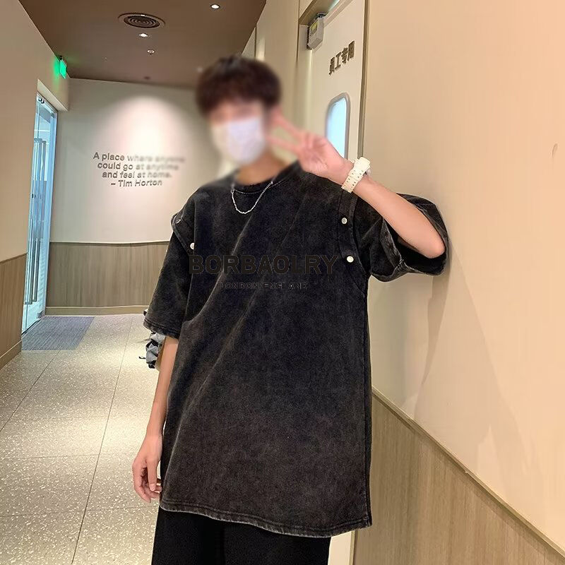 Áo thun nam tay ngắn có thể tháo rời phong cách vintage, cotton dày dáng rộng, giặt axit, áo thun xu hướng mùa hè thương hiệu