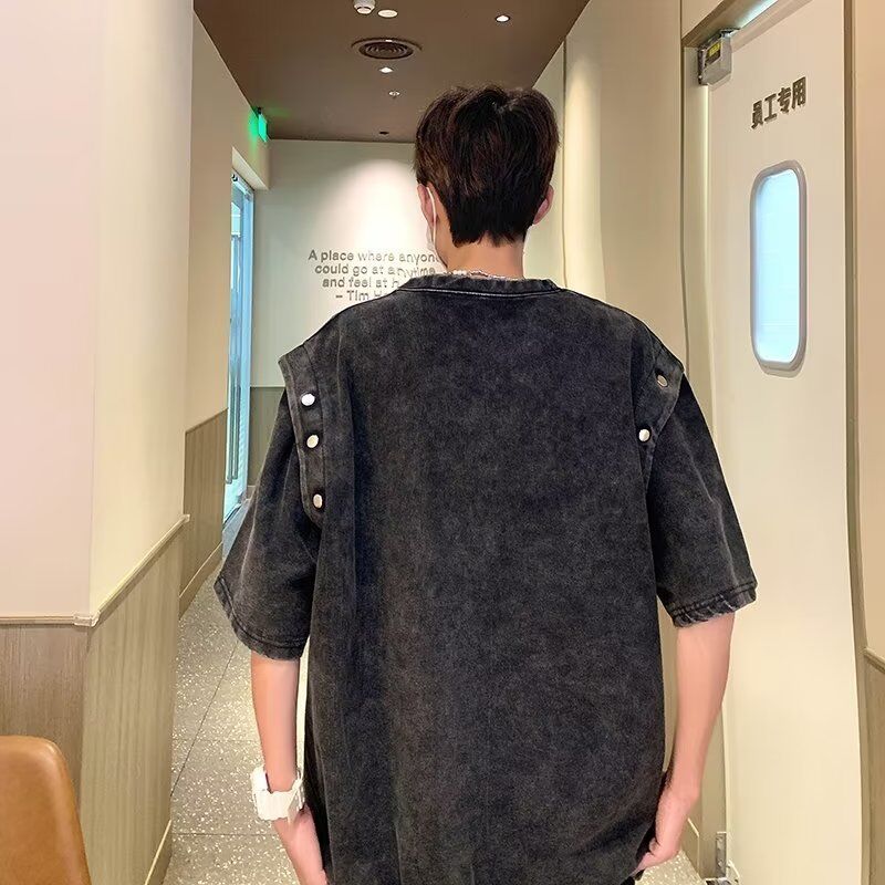 Áo thun nam tay ngắn có thể tháo rời phong cách vintage, cotton dày dáng rộng, giặt axit, áo thun xu hướng mùa hè thương hiệu