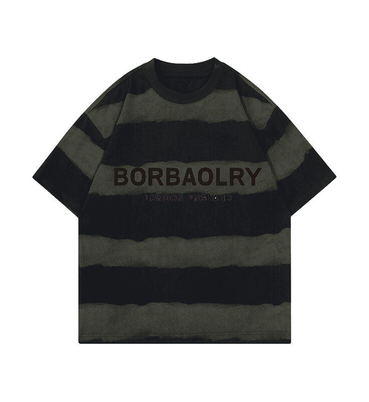 Áo thun cotton 220g thời trang thường ngày dáng rộng sọc thủ công nhuộm loang vai rủ cổ tròn tay ngắn