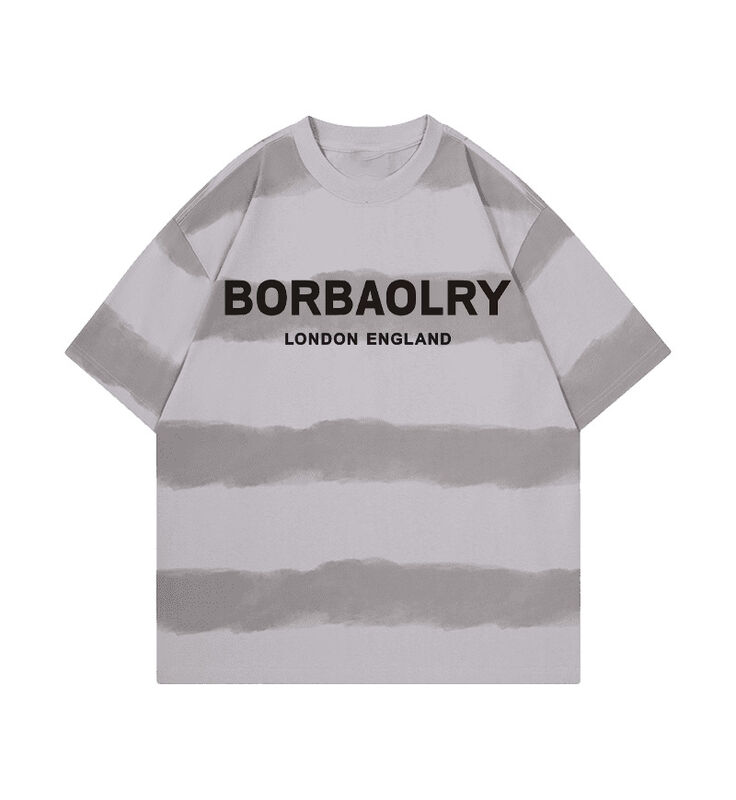 Áo thun cotton 220g thời trang thường ngày dáng rộng sọc thủ công nhuộm loang vai rủ cổ tròn tay ngắn