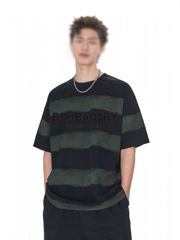 Áo thun cotton 220g thời trang thường ngày dáng rộng sọc thủ công nhuộm loang vai rủ cổ tròn tay ngắn