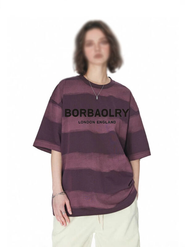 Áo thun cotton 220g thời trang thường ngày dáng rộng sọc thủ công nhuộm loang vai rủ cổ tròn tay ngắn