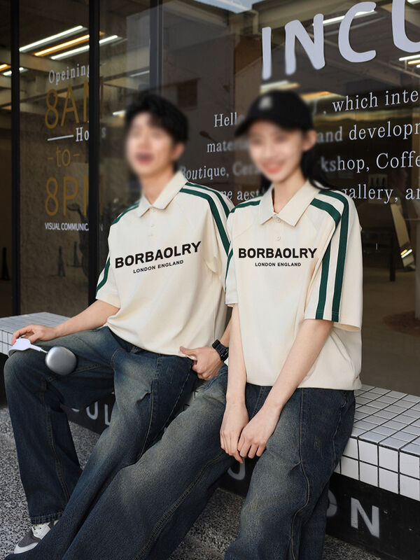 Chiều nam tay ngắn cho áo polo American High Street phong cách cổ áo bán tay áo phông phong cách chữ viết đan