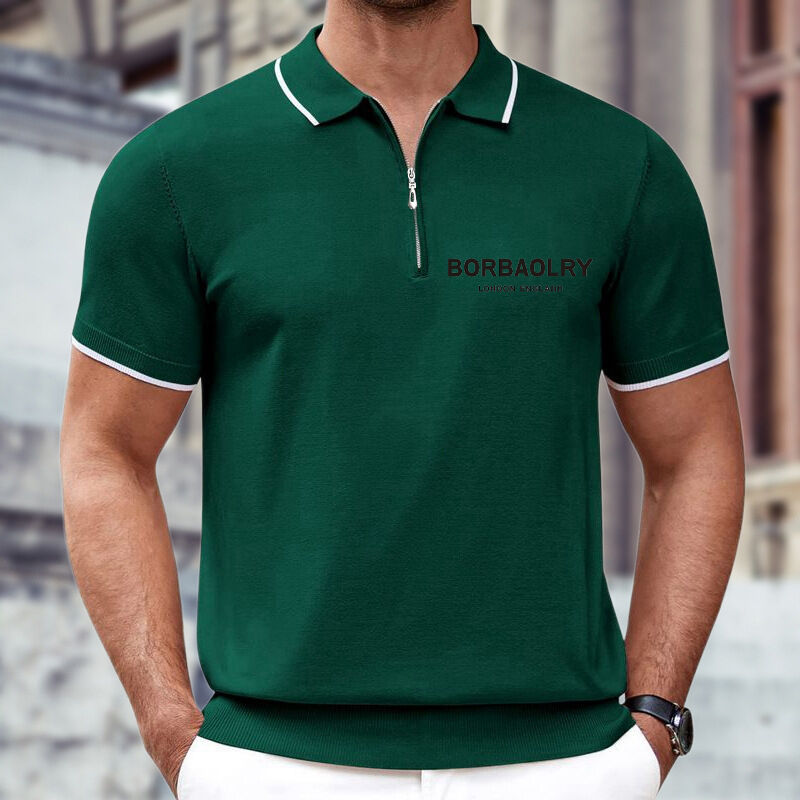 Phong cách châu Âu Mùa hè nam giới Casual Business Polo Shirt Cotton Woven Solid Knit Pattern with Zipper Lapel Zipper Knit