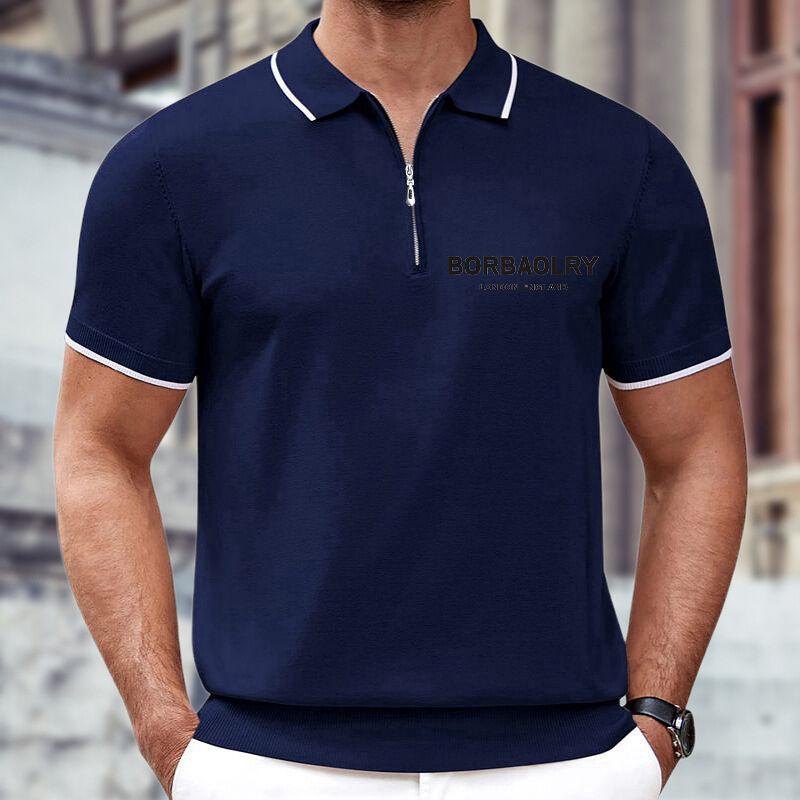 Phong cách châu Âu Mùa hè nam giới Casual Business Polo Shirt Cotton Woven Solid Knit Pattern with Zipper Lapel Zipper Knit